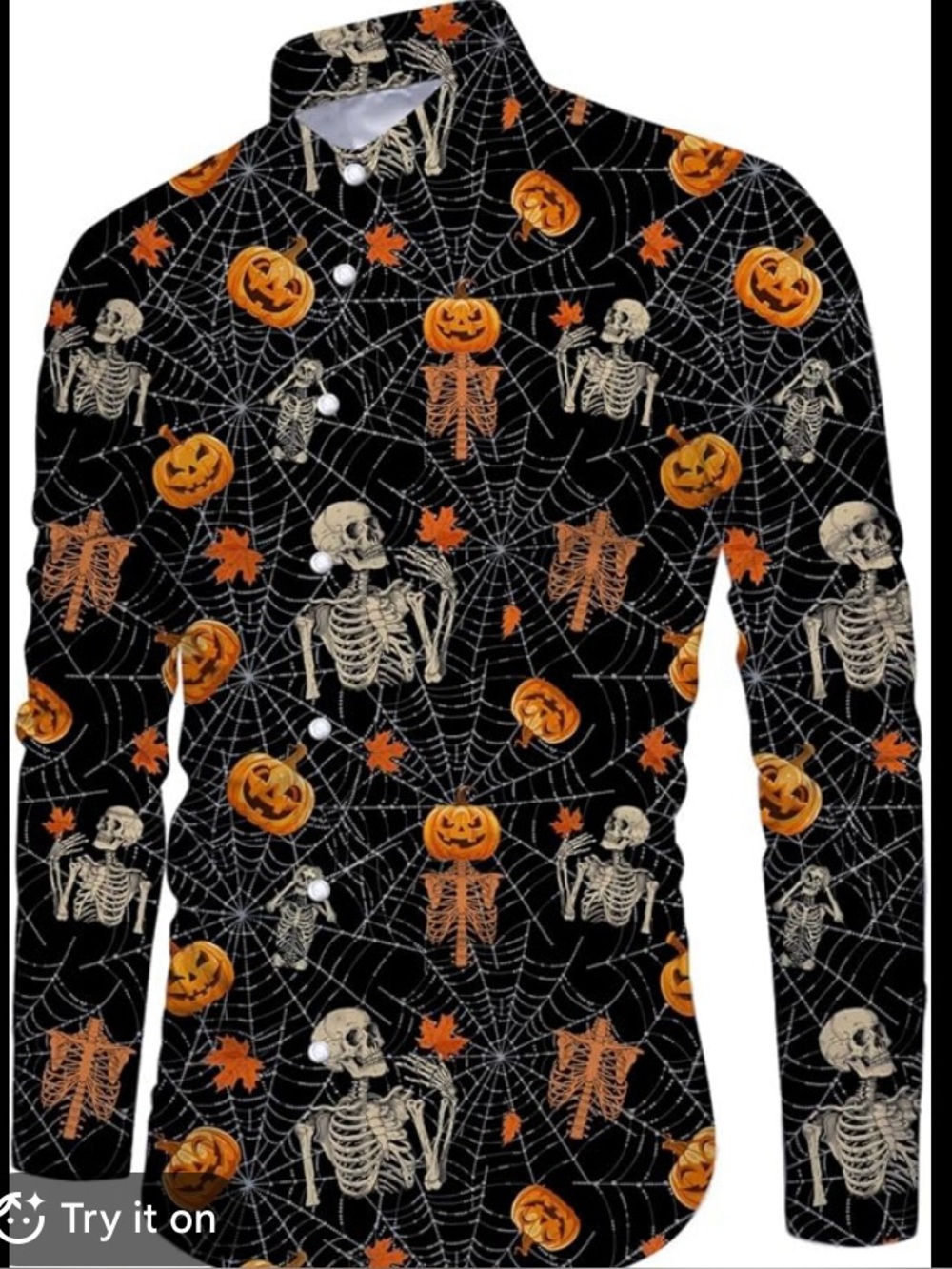 Halloween Skeleton & Jack-O'-Lantern Button-Up Shirt - Black & Orange